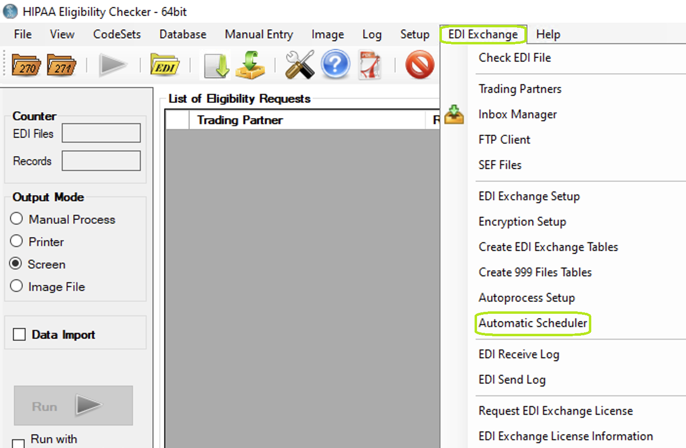 The "Automatic Scheduler" option is under the EDI Exchange tab.