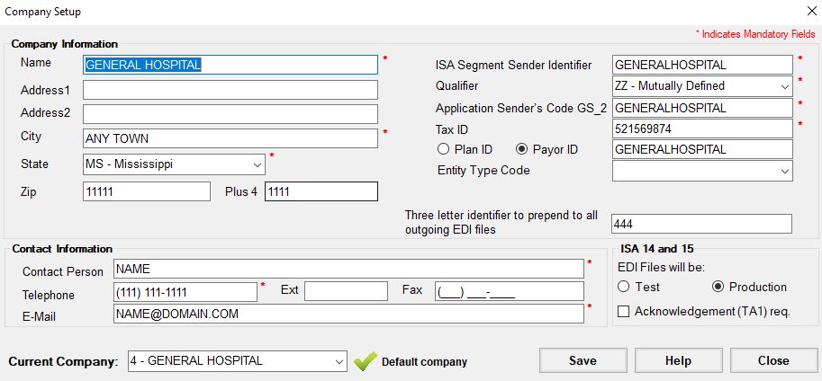 The "Company Setup" window.