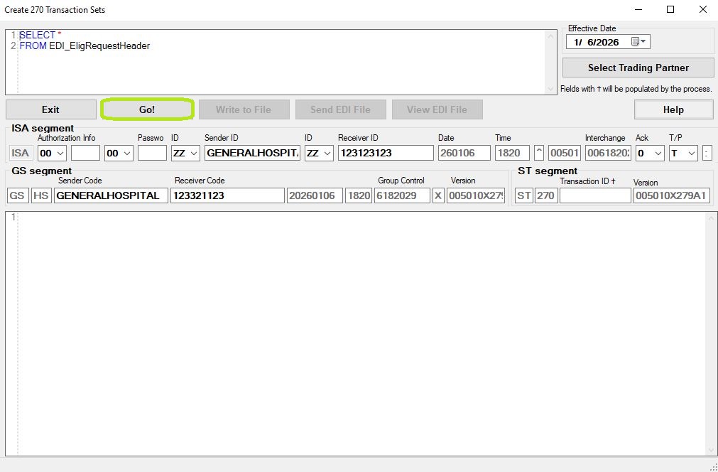 Click the "Go!" button to create the 270 EDI files.