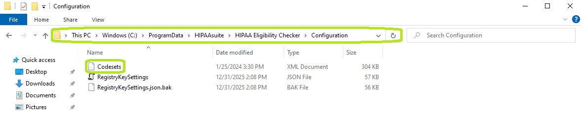 Path to the Configuration folder for the codesets.xml file.