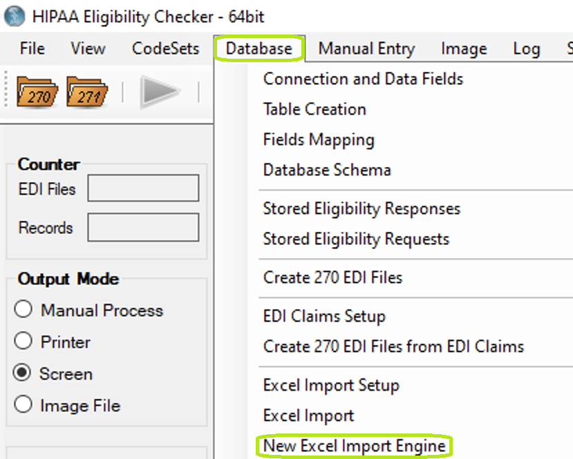 The "New Excel Import Engine" option is under the "Database" tab. The "New Excel Import Engine" option is under the "Database" tab.