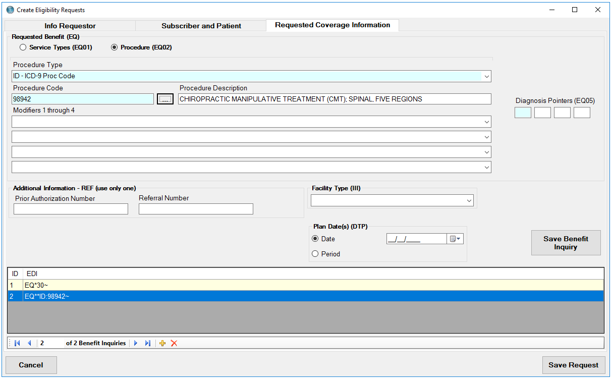 The request benefits tab with a general benefit request and a more specific benefit request.