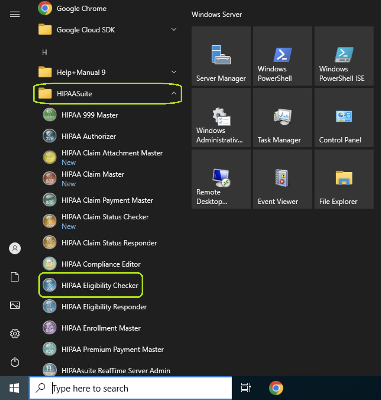 The HIPAA Eligibility Checker application is launched from the "Start" menu. The HIPAA Eligibility Checker application is launched from the "Start" menu.