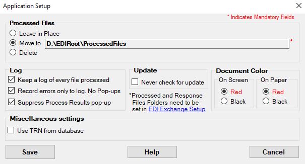 The Application Setup screen.