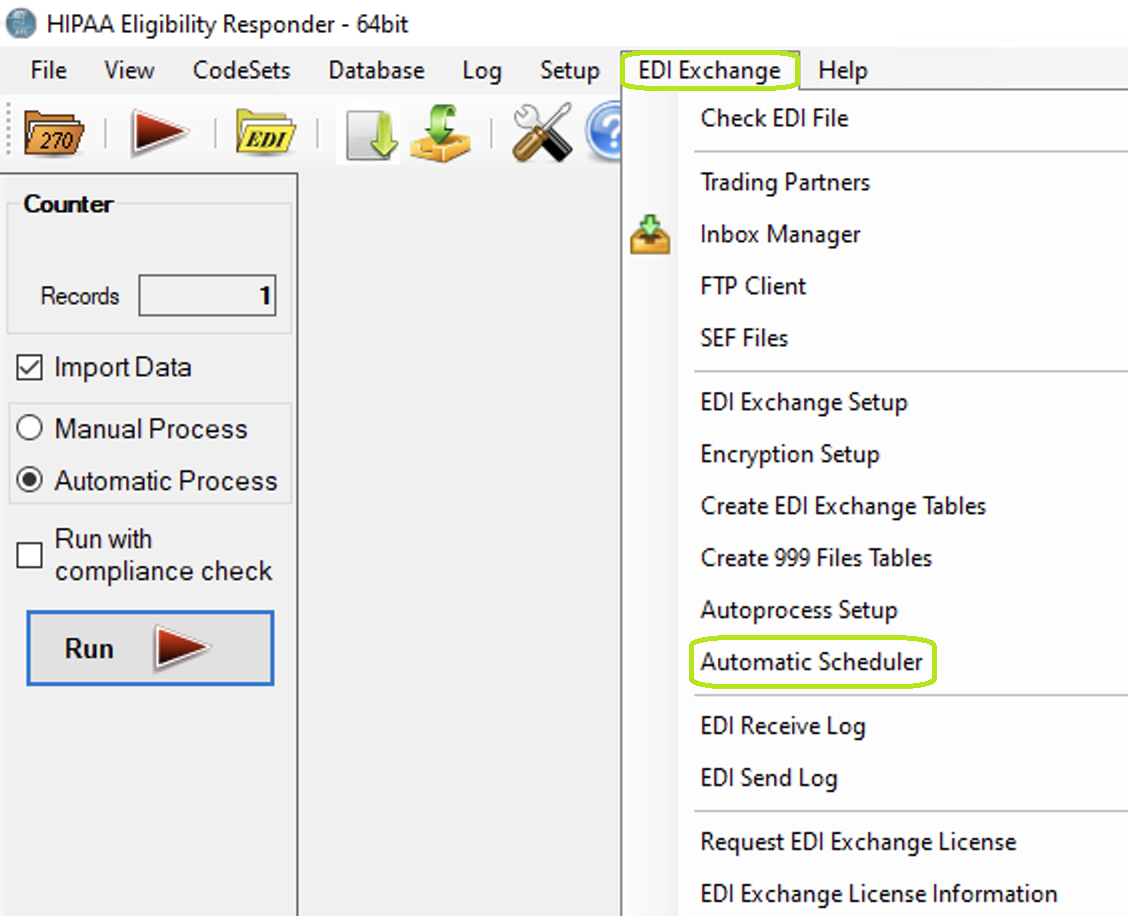 The "Automatic Scheduler" option is under the EDI Exchange tab.