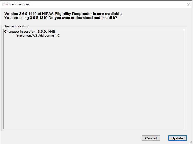 The "Changes in versions" window if there are updates available.