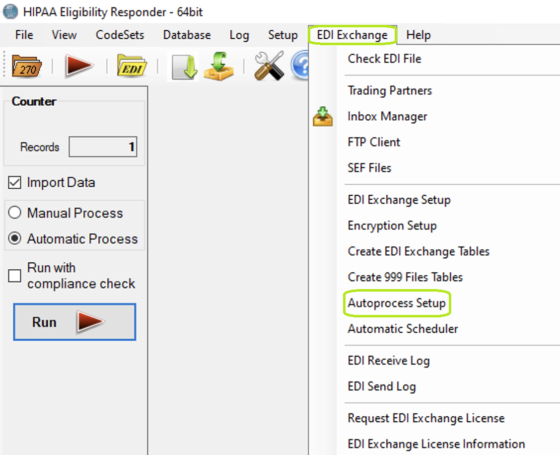 "Autoprocess Setup" option in the "EDI Exchange" menu.
