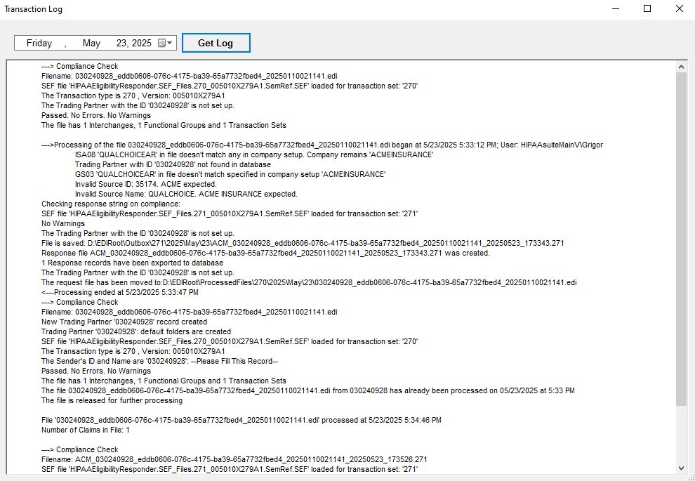 The "Transaction Log" window with results.