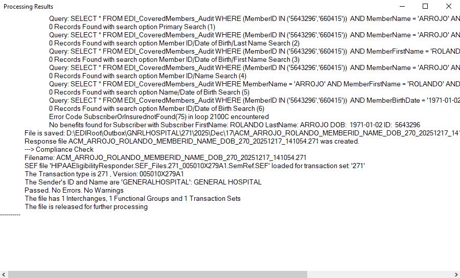 The "Processing Results" window. The "Processing Results" window.