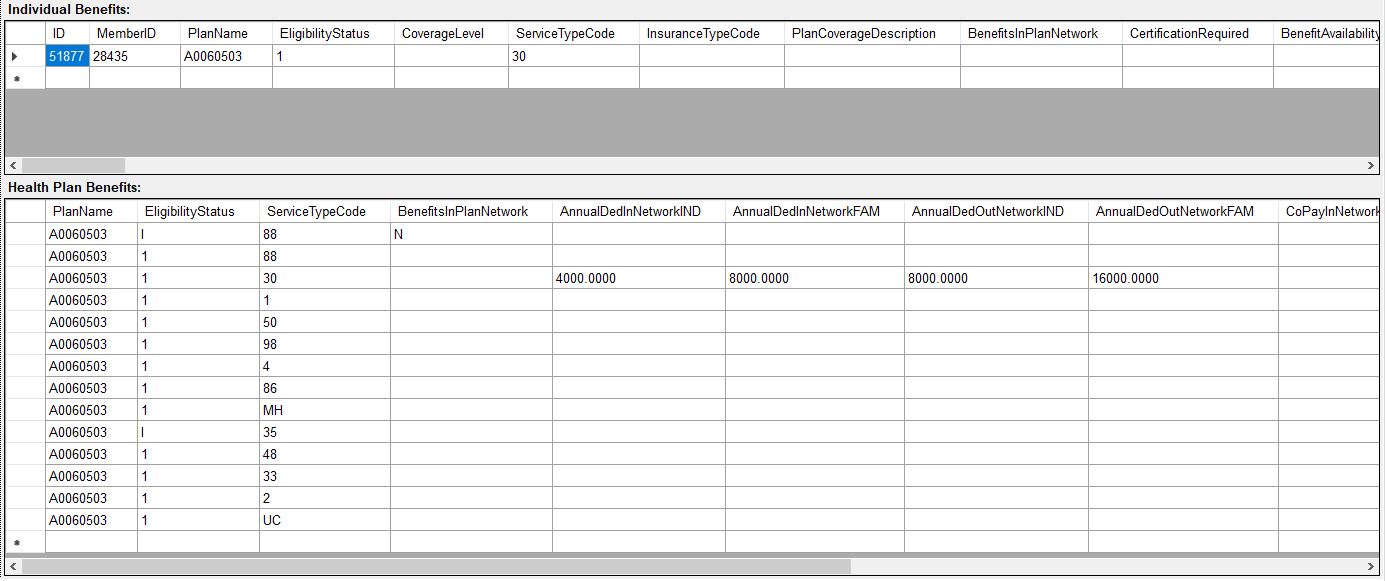 Stored Members and Benefits window loaded with Test Bed Data Member Derek Brown.