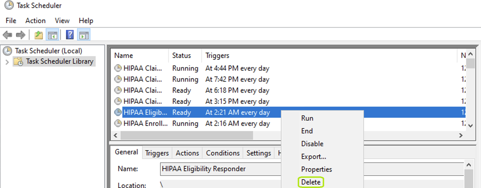 The “Delete” option is under the task’s drop-down menu.