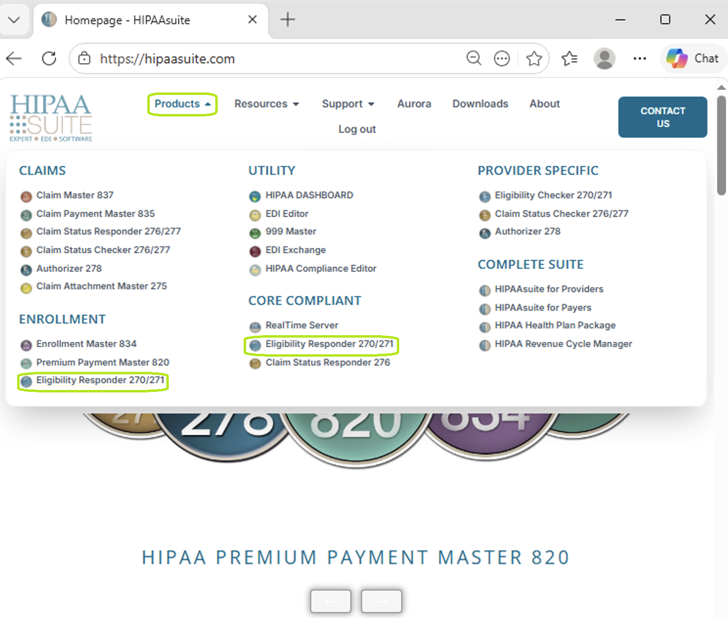 The "Eligibility Responder 270-271" option is under the Products drop-down menu.