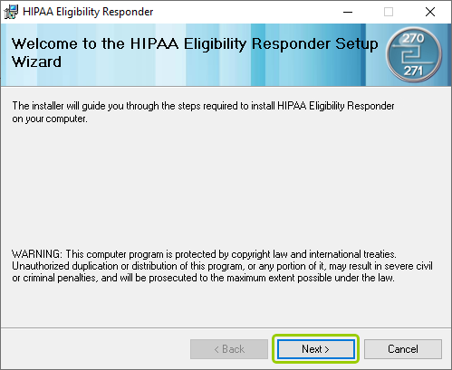 The "HIPAA Eligibility Responder" window with the setup wizard.