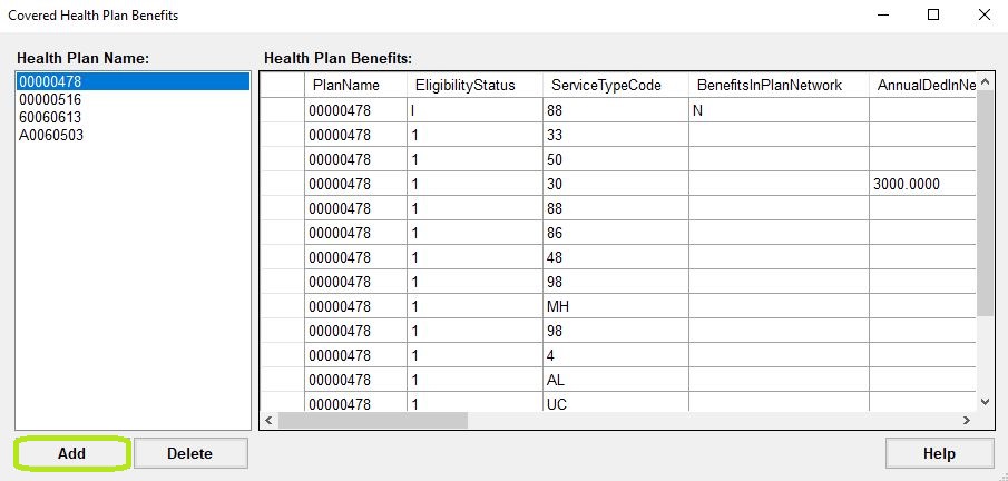 "Add" button in the "Covered Health Plan Benefits" window.