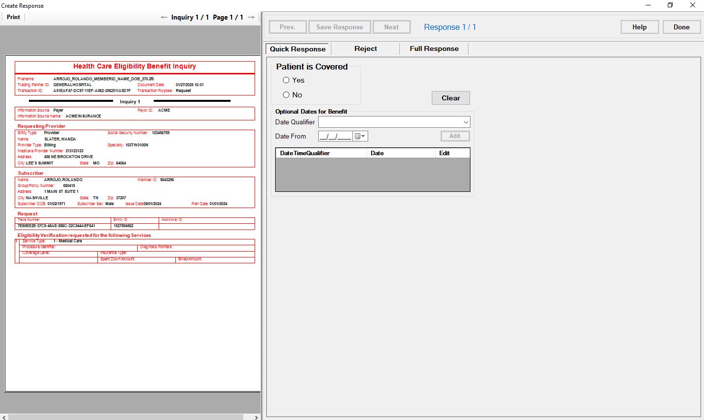 The detailed view of an eligibility request on the left and the response creation on the right.