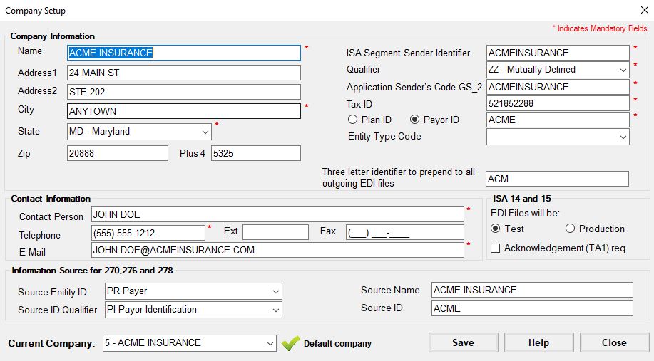 The "Company Setup" window.