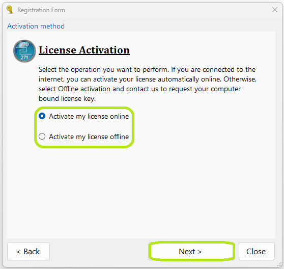 Choose between online or offline activation. Choose between online or offline activation.