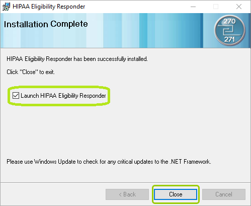 This window confirms the installation of the updated HIPAA Eligibility Responder application.