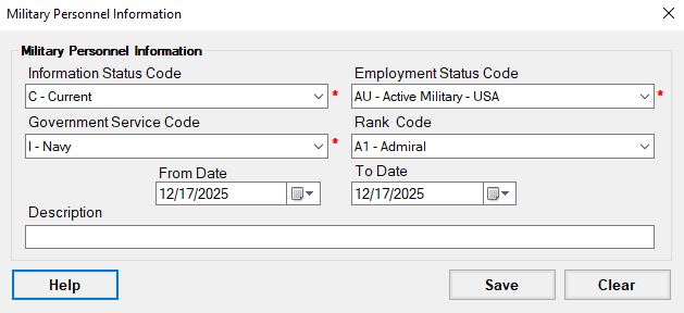 &nbsp;The Military Info screen.