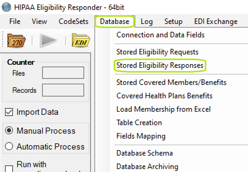 The menu item "Stored Eligibility Responses."