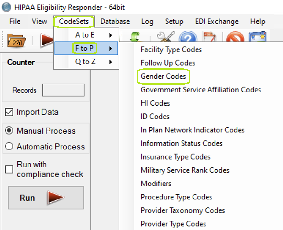 The "Gender Codes" option is under the "F to P" sub-menu. The "Gender Codes" option is under the "F to P" sub-menu.