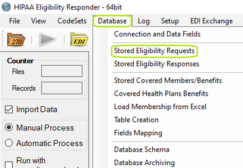The menu item "Stored Eligibility Requests."