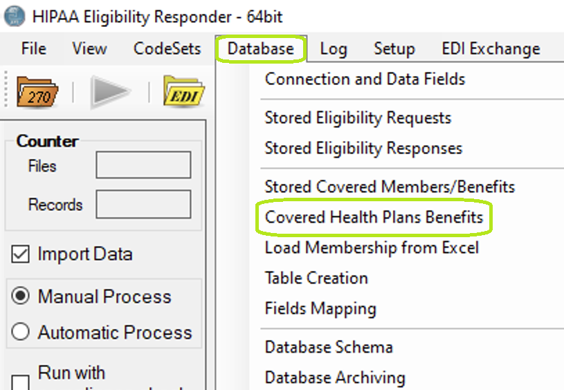 "Covered Health Plans Benefits" in the "Database" menu.