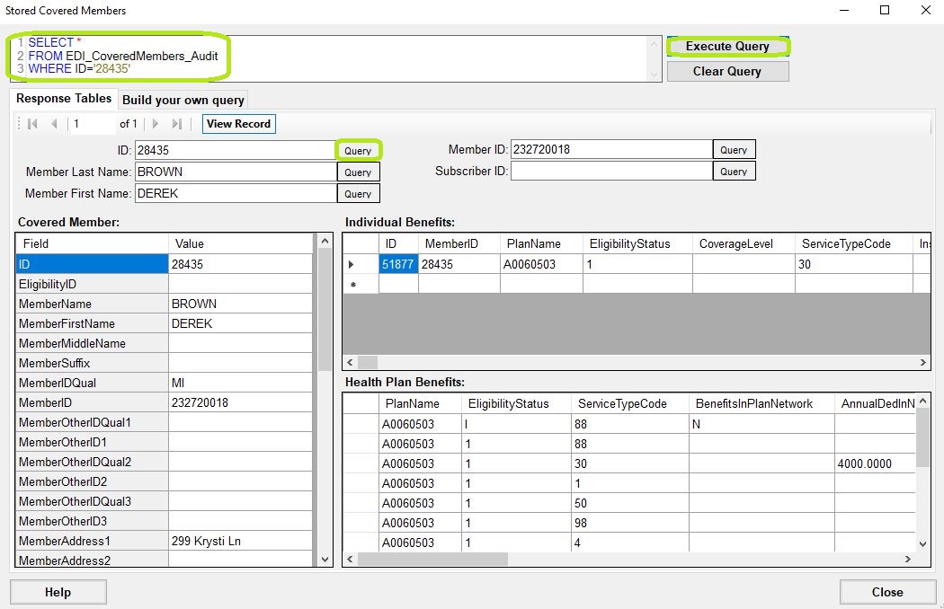 The "Stored Covered Members" window is showing a record from the database. The "Stored Covered Members" window is showing a record from the database.