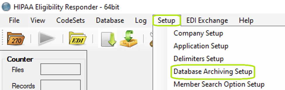 The "Setup" menu and "Database Archiving Setup" button. The "Setup" menu and "Database Archiving Setup" button.