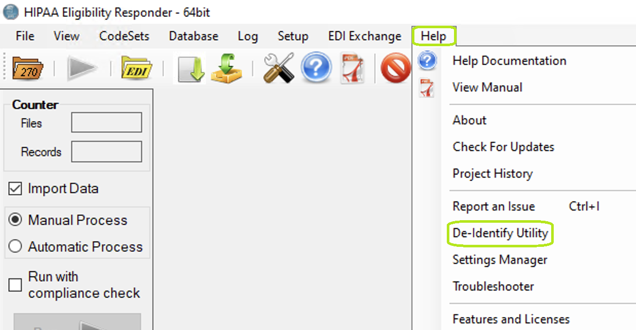 The "De-Identify Utility" menu. The "De-Identify Utility" menu.