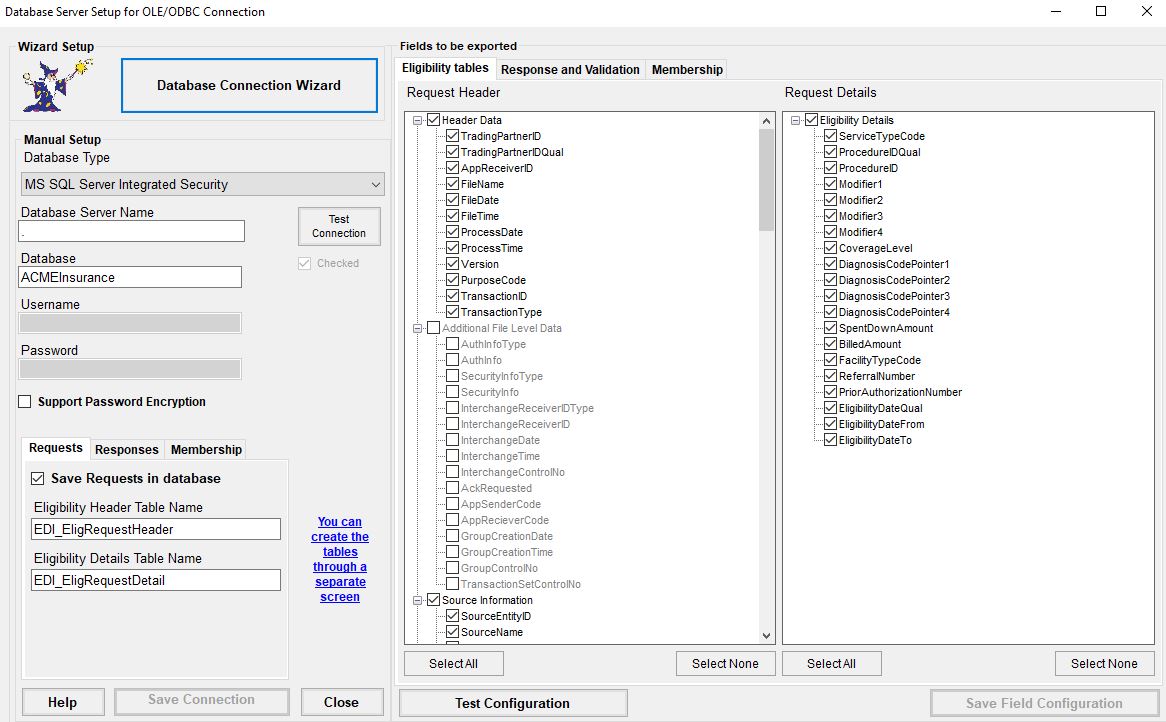 The "Database Server Setup for OLE/ODBC Connection" window.