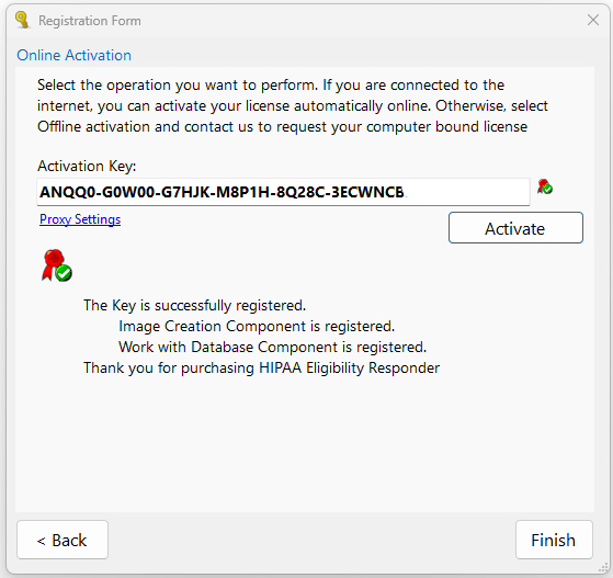 The "Registration Form" window with a successful key activation for a trial renewal. The "Registration Form" window with a successful key activation for a trial renewal.