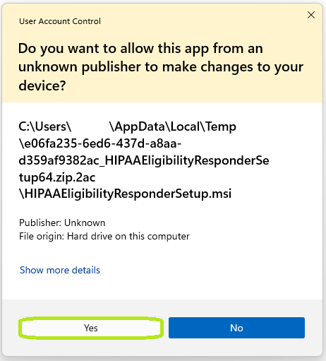 "Unknown Publisher" pop-up.