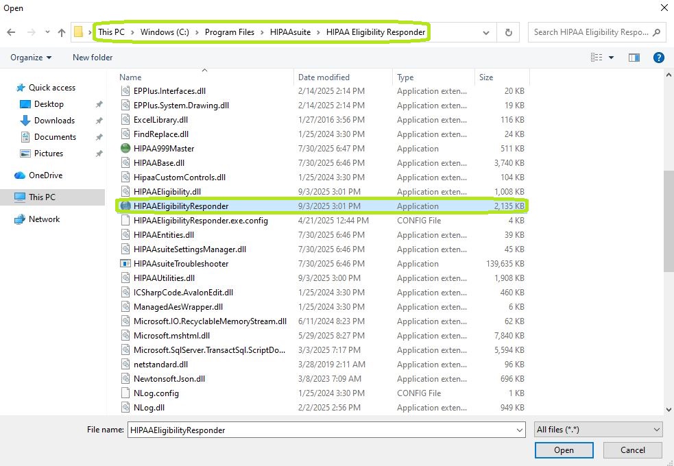 The path to the HIPAA Eligibility Responder application folder.