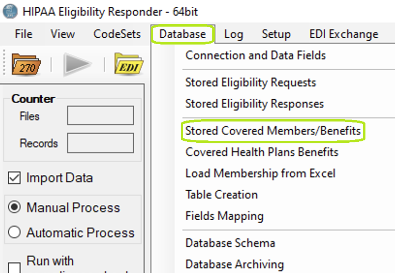 "Stored Covered Members/Benefits" menu option.