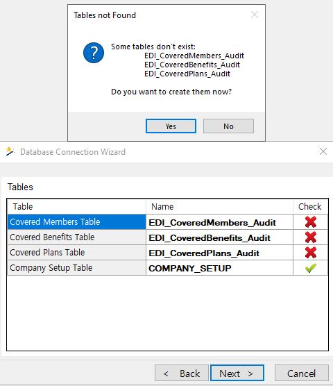 If the tables do not exist in the database, you can create them by clicking "Yes." If the tables do not exist in the database, you can create them by clicking "Yes."