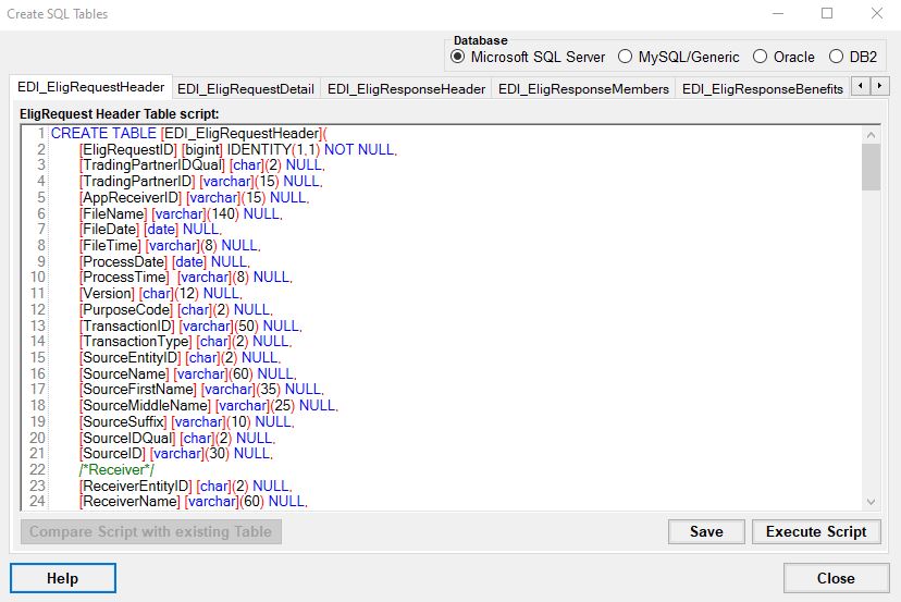The "835 Table Creation" window. The "835 Table Creation" window.