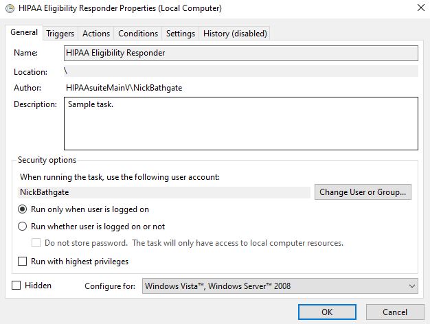 The "HIPAA Eligibility Responder Properties (Local Computer)" window.
