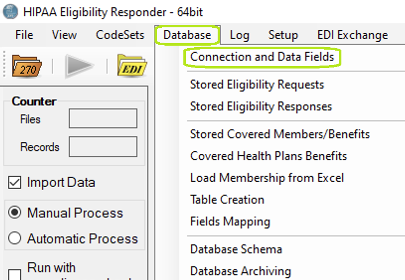 The "Connection and Data Fields" option is under the "Database" tab.