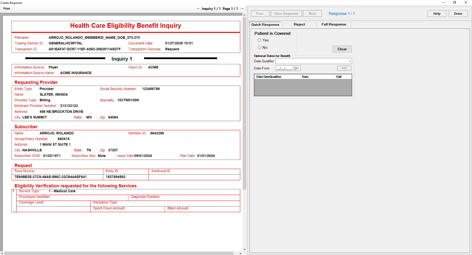 The "Create Response" window.
