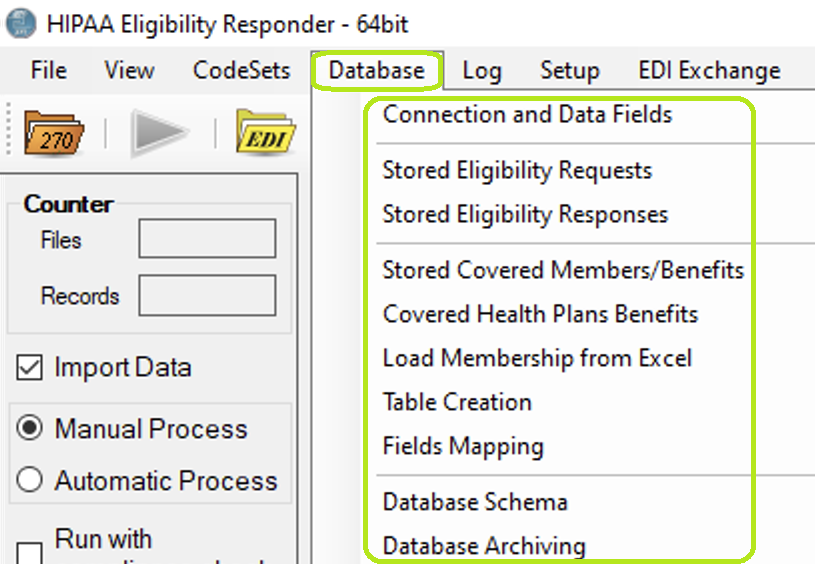 The "Database" tab and options in the main window. The "Database" tab and options in the main window.