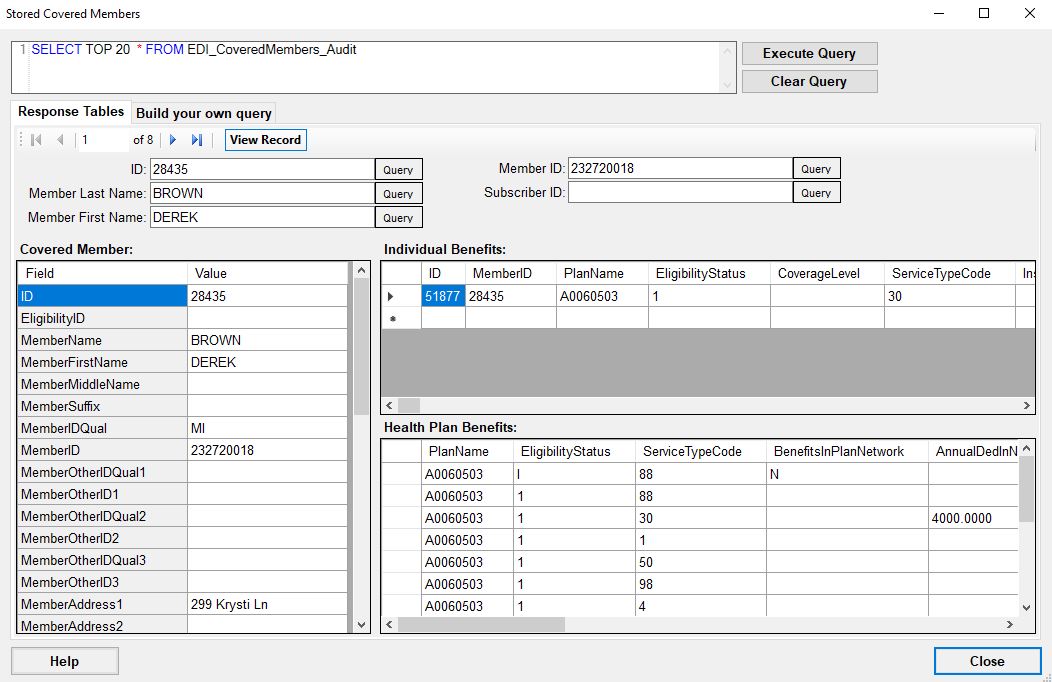 The "Stored Covered Members/Benefits" window. The "Stored Covered Members/Benefits" window.