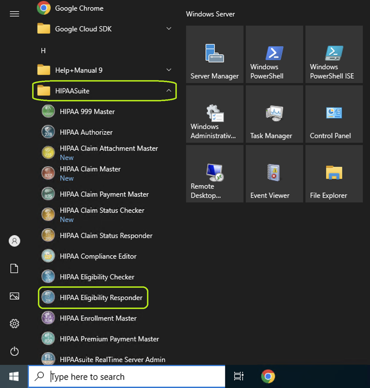 The HIPAA Eligibility Responder application is launched from the "Start" menu.