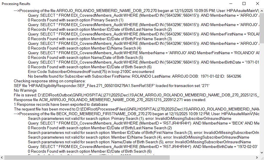 The "Processing Results" window.