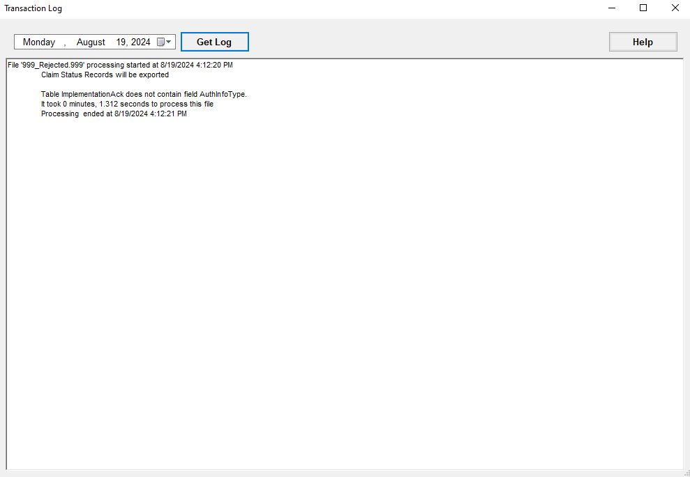 The "Transaction Log" window with results. The "Transaction Log" window with results.