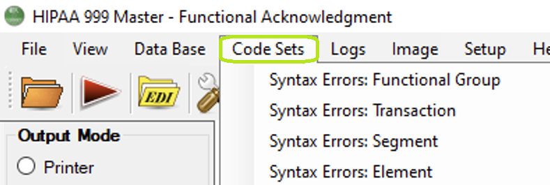 The "Code Sets" tab and its sub-menus.