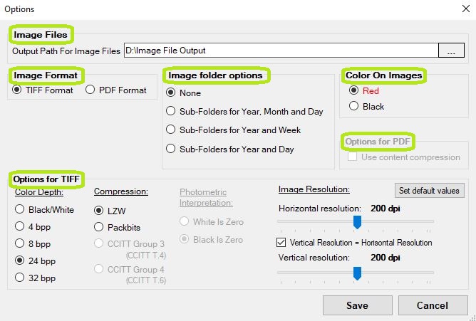 The "Image File Options" window. The "Image File Options" window.