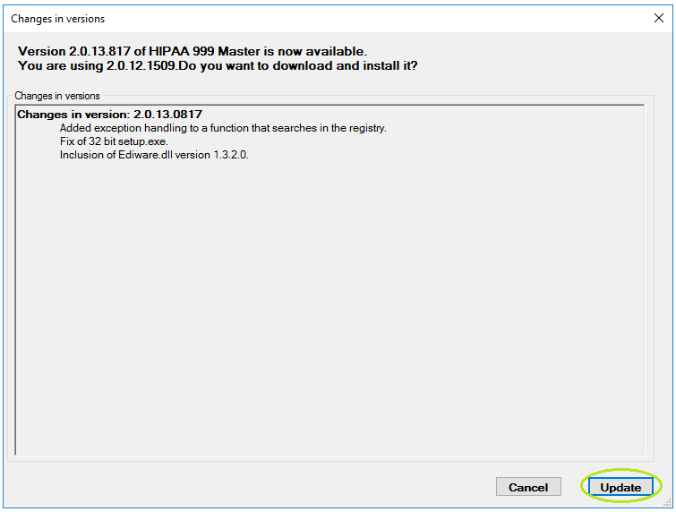 The "Changes in Versions" window. The "Changes in Versions" window.