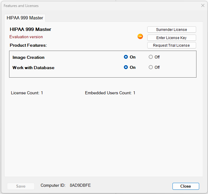 The "Features and Licenses" window provides different options to customize the application and add-ons. The "Features and Licenses" window provides different options to customize the application and add-ons.