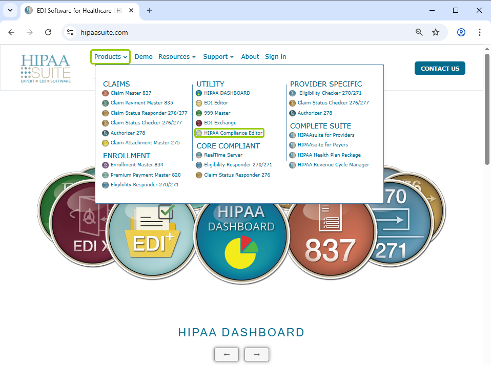 The "HIPAA Compliance Editor" option is under the "Products" drop-down menu. The "HIPAA Compliance Editor" option is under the "Products" drop-down menu.